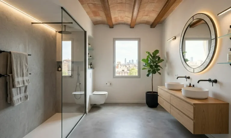 Reforma de baño moderno en Madrid por Valandecor. Plato de ducha a ras de suelo, mampara y mueble de diseño.