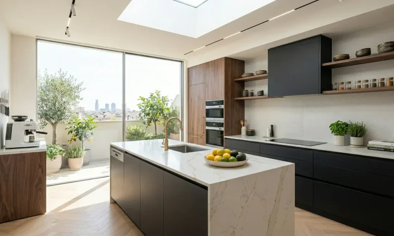 Reforma de cocina moderna con isla central. Instalación de encimeras y muebles a medida en Madrid por Valandecor.