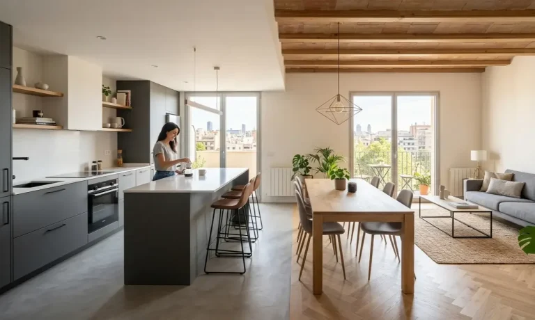 Reforma integral de salón y cocina moderna abierta en Madrid. Acabados de alta calidad y diseño por Valandecor.