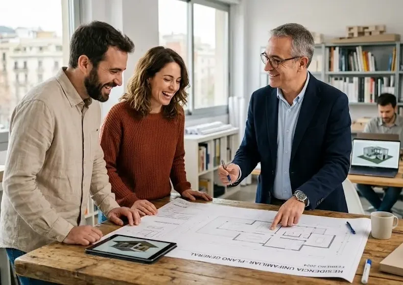 Arquitecto de Valandecor asesorando a clientes sobre planos de reforma y construcción de vivienda en Madrid.